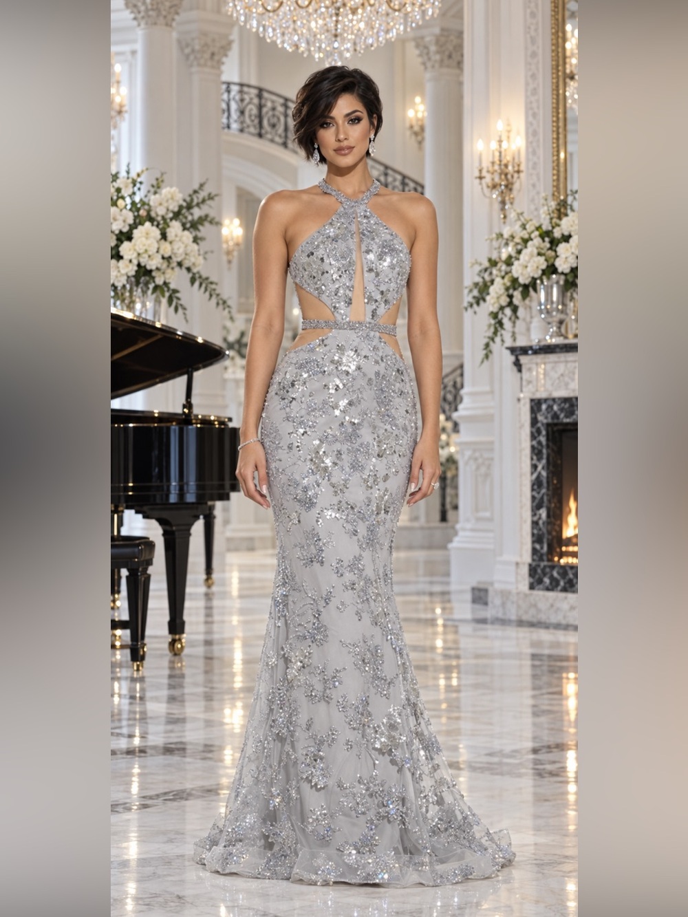 NWT Jasz Couture 7425 Silver Sequin Halter Mermaid Prom Gala Military Gown Sz 10